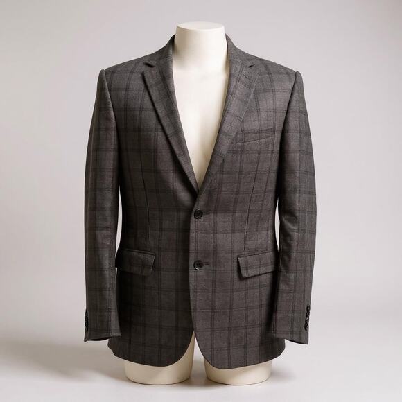 Jos A Bank Sport Coat Sz 42 Long Gray Windowpane Wool Silk Linen Single Breasted - Picture 1 of 15